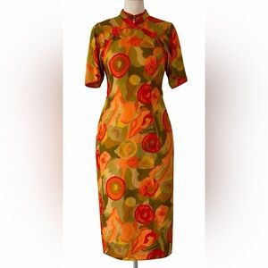 Vintage Handmade Floral Mandarin Dress in Green and Orange